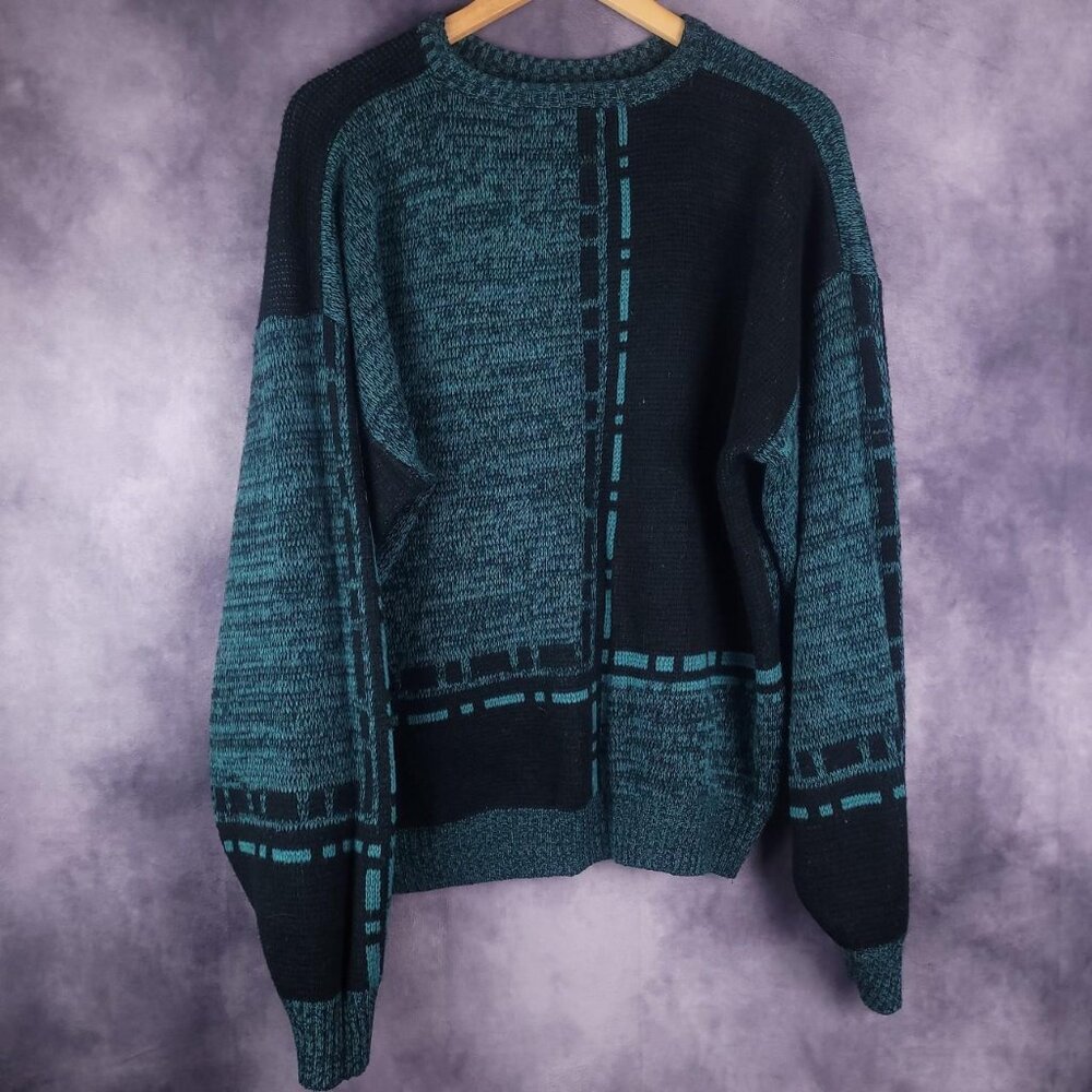 Vintage 90s Marquis funky abstract geometric teal black sweater jumper